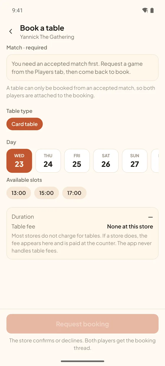 App screenshot: picking a table and a time slot
