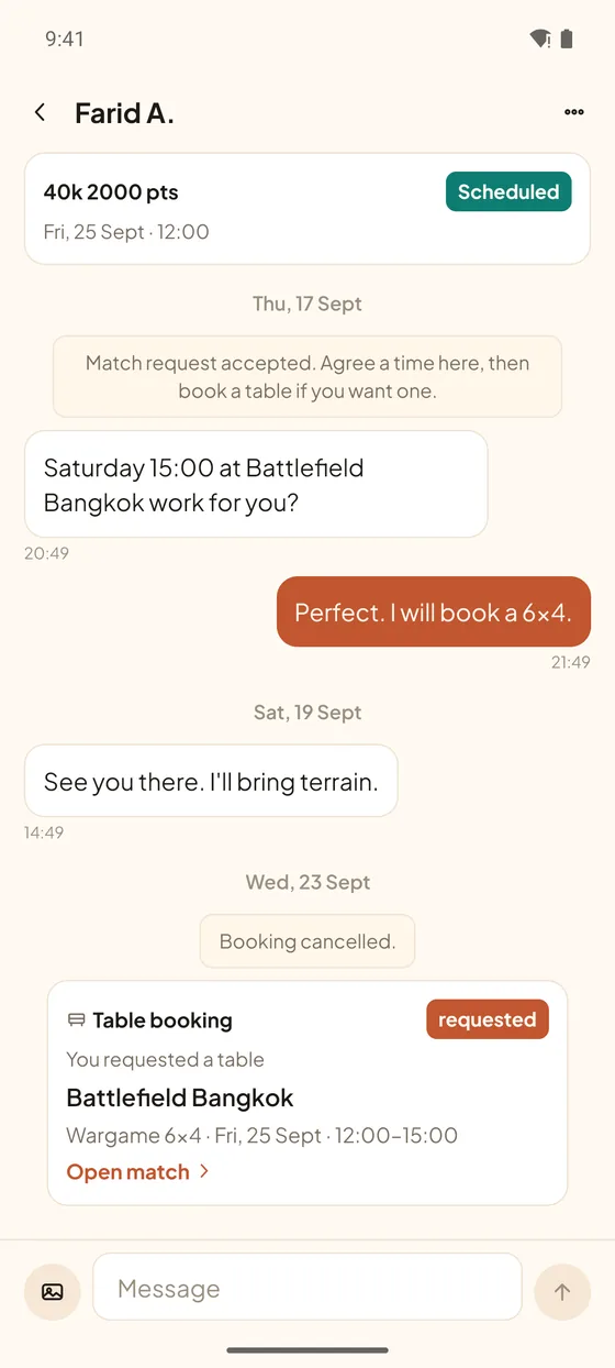 App screenshot: the chat that opens when a request is accepted