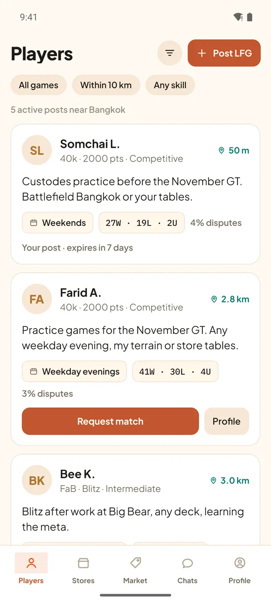 App screenshot: the Players feed