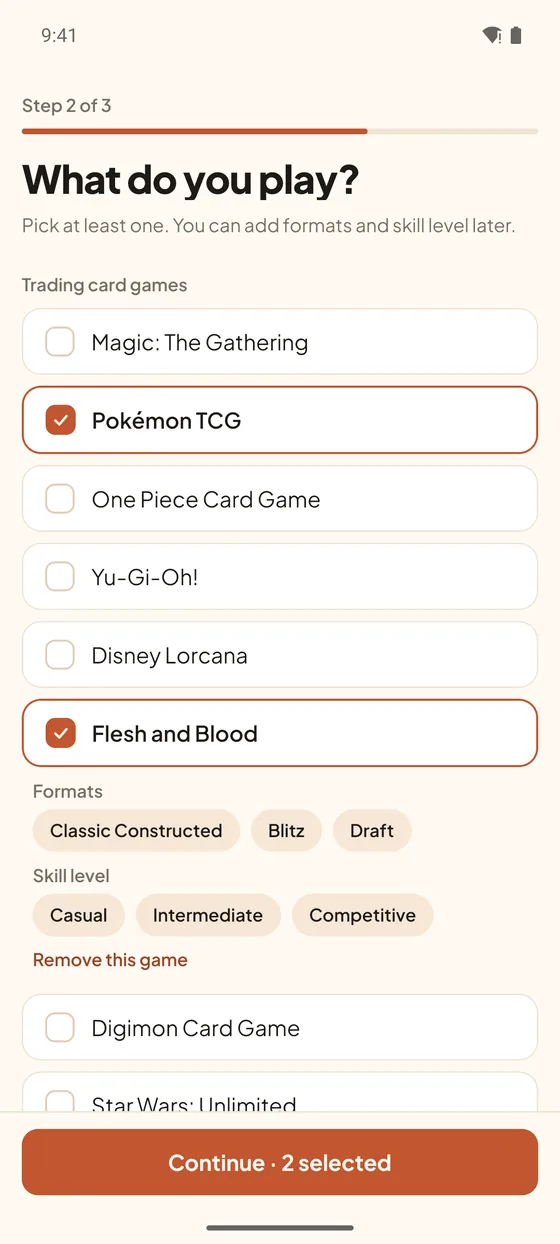App screenshot: choosing games and formats