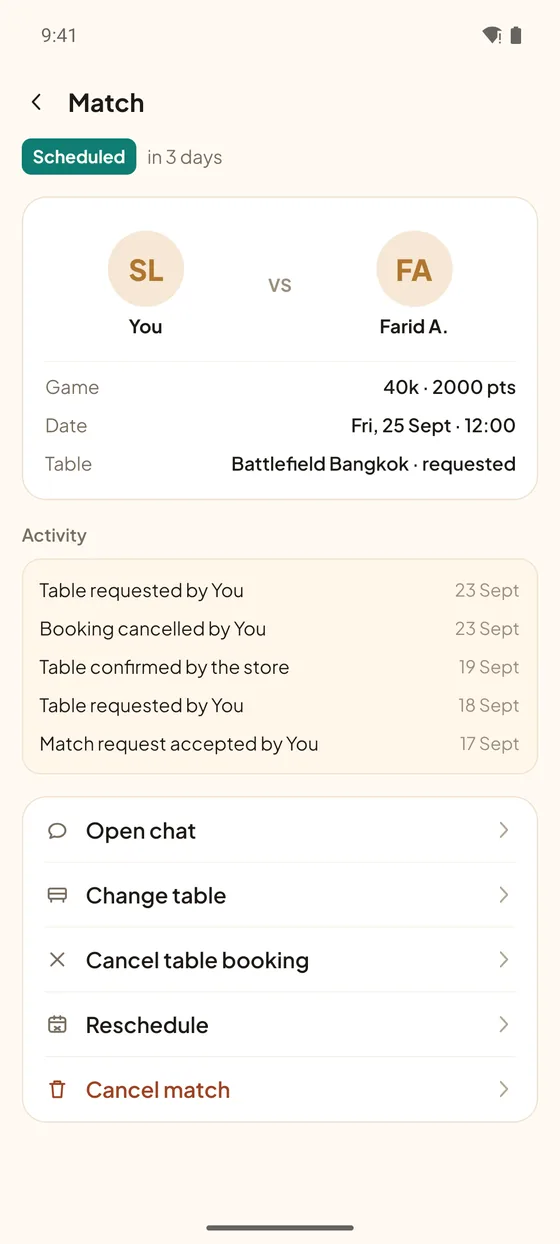 App screenshot: a match waiting for its result