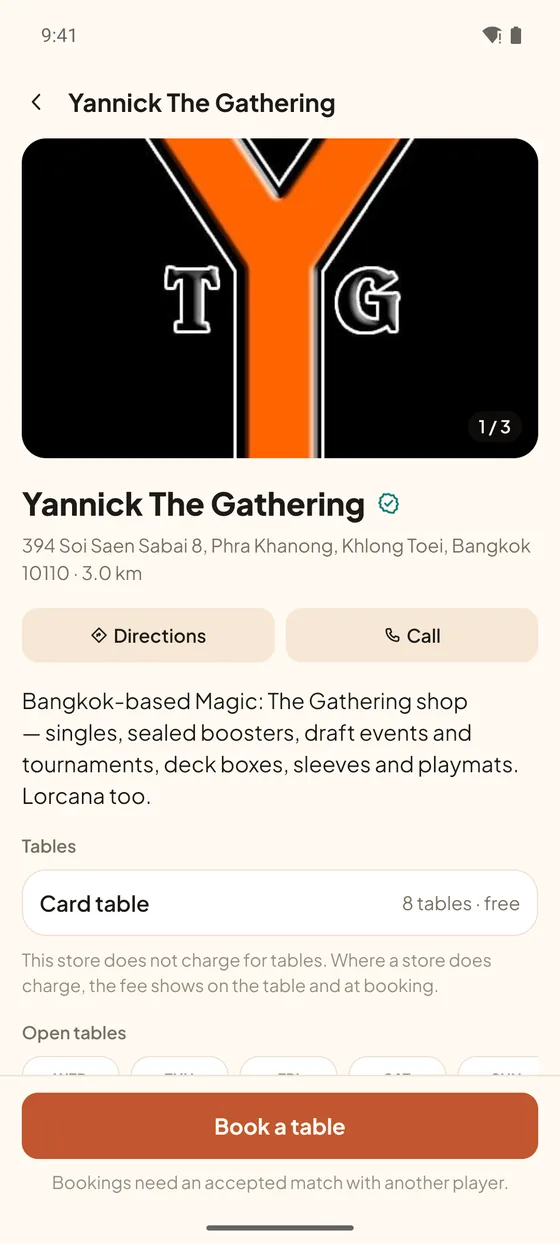 App screenshot: a store page with opening hours and open tables