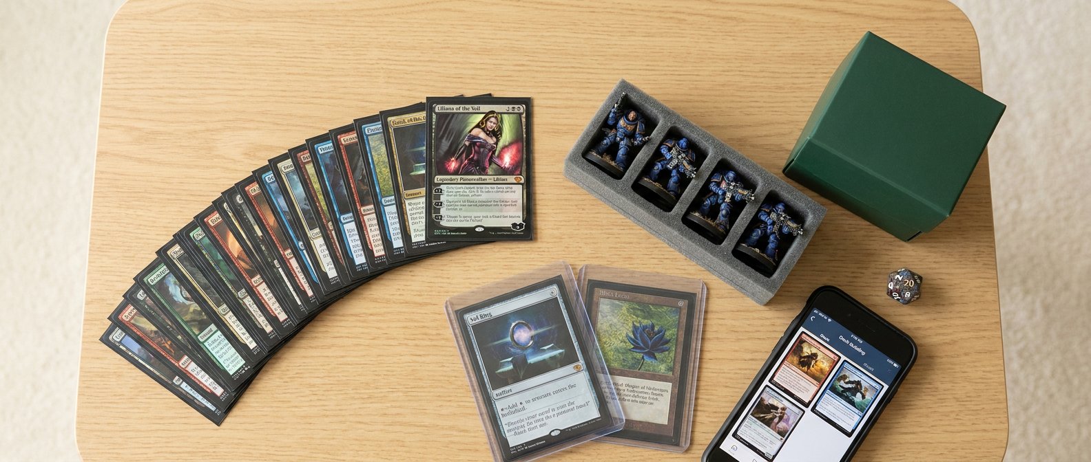 Cards and miniatures laid out for sale